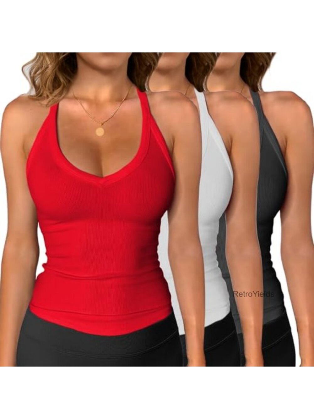 3 Pack Workout Tops for Women Racerback V Neck Ribbed Sleeveless Slim Fit